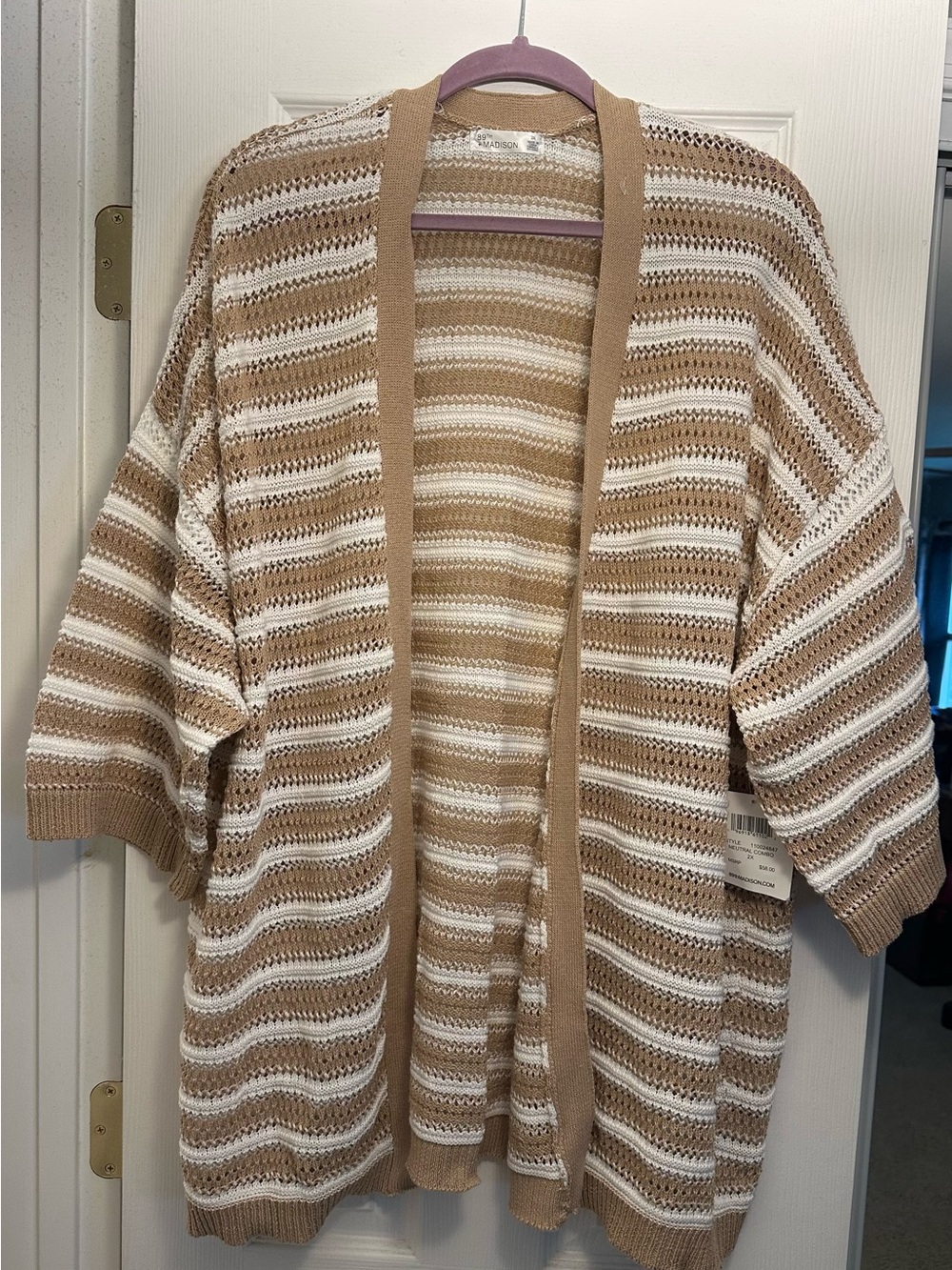 NWT 89th+Madison Beige and White Striped Open-Knit Women's Cardigan Sweater 2X